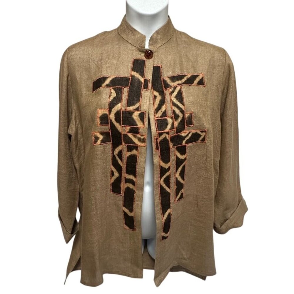 Cassowary Philadelphia XL 100% Linen Tan Embroidered Jacket Tunic Artsy Boho